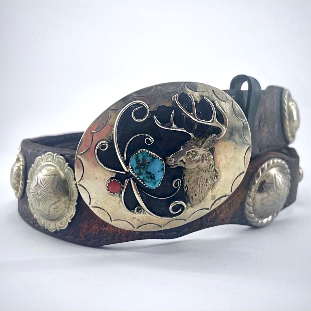 Navajo Handmade Silver Turquoise Red Coral South Western Concho Belt Buckle